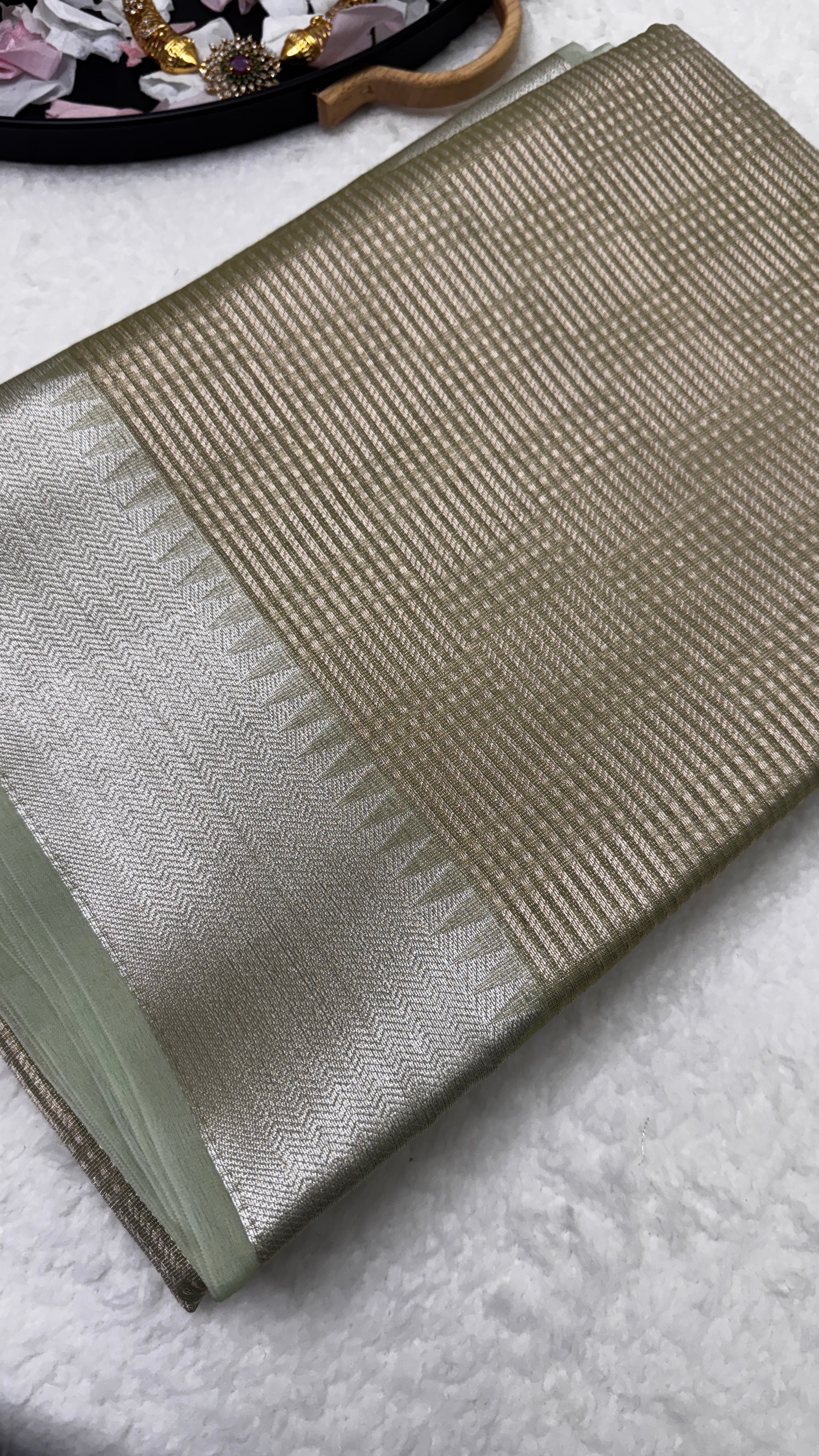 Pista Green Tissue Saree with Stitched Blouse
